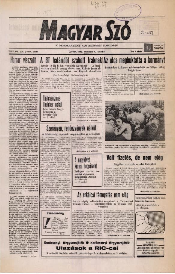 Magyar Szó, 47. évf. 1990. december 1. 329. sz. 1–20. oldal