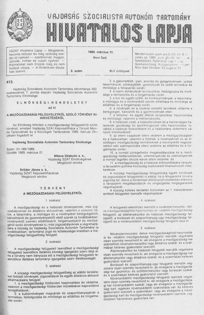 Vajdaság Szocialista Autonóm Tartomány Hivatalos Lapja, 45. évf. 1989. március 31. 8. sz.