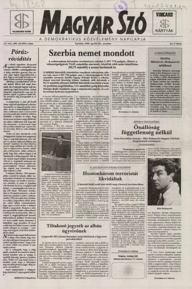 Magyar Szó, 55. évf. 1998. április 25. 100. sz. 1–16. oldal