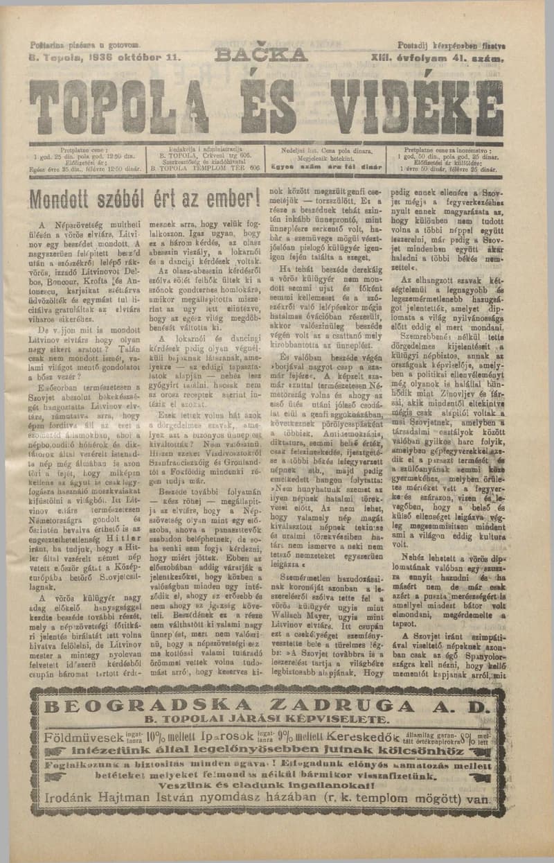Bačka Topola és Vidéke, 13. évf. 1936. október 11. 41. sz.