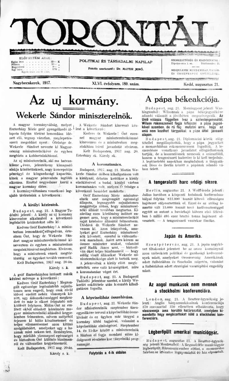 Torontál, 46. évf. 1917. augusztus 21. 189. sz.