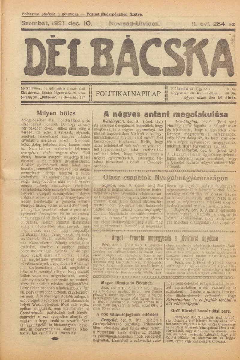 Délbácska, 2. évf. 1921. december 10. 284. sz.