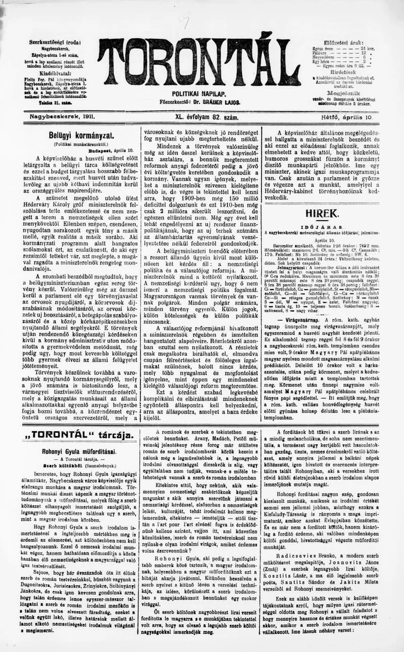 Torontál, 40. évf. 1911. április 10. 82. sz.