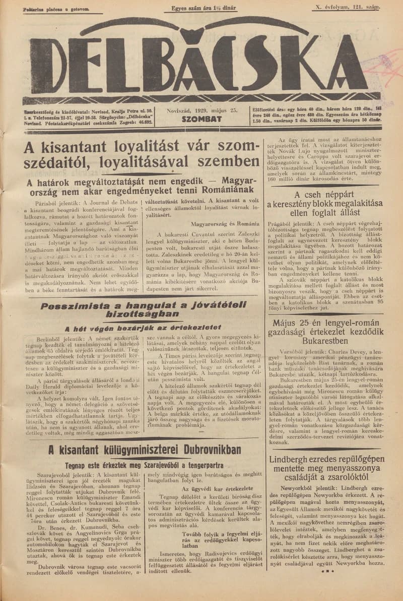 Délbácska, 10. évf. 1929. május 25. 121. sz.