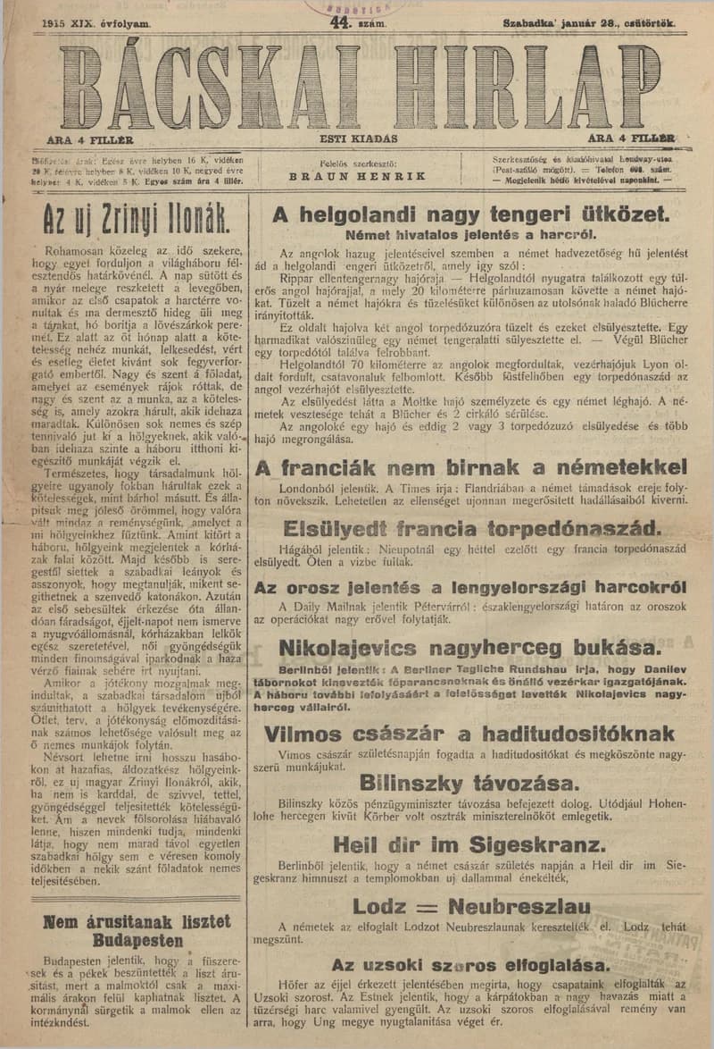 Bácskai Hirlap, 19. évf. 1915. január 28. 44. sz.