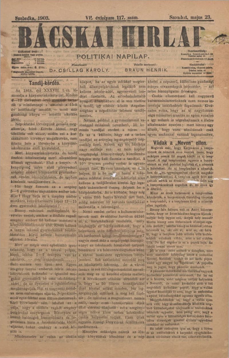 Bácskai Hirlap, 7. évf. 1903. május 23. 117. sz.