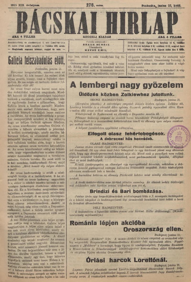 Bácskai Hirlap, 19. évf. 1915. június 22. 278. sz.