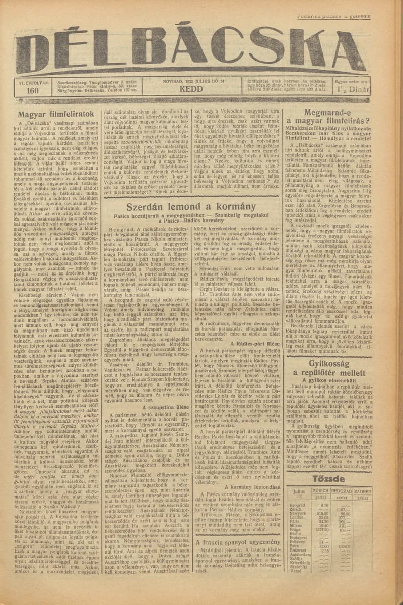 Délbácska, 6. évf. 1925. július 14. 160. sz.