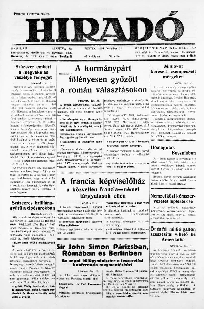 Híradó, 62. évf. 1933. december 22. 299. sz.