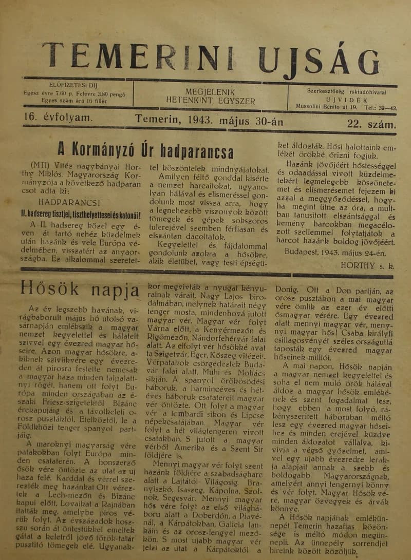Temerini Újság 1928-1944, 16. évf. 1943. május 30. 22. sz.