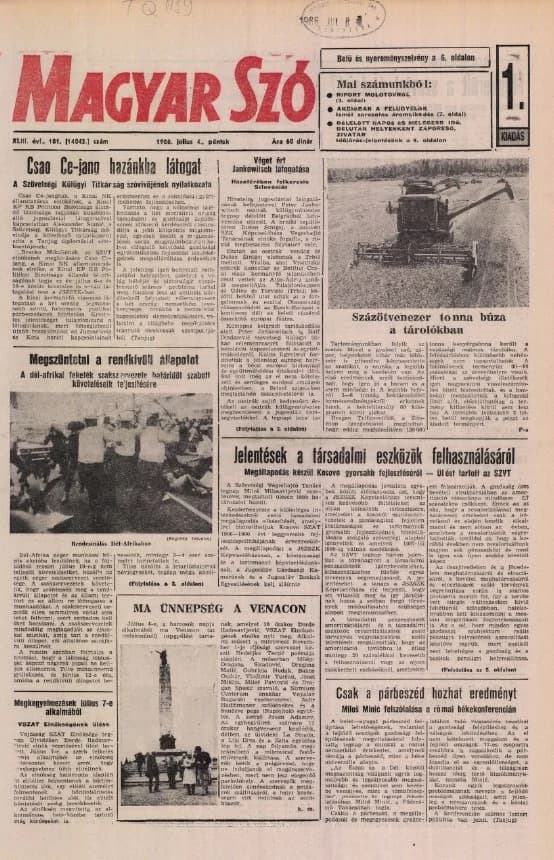 Magyar Szó, 43. évf. 1986. július 4. 181. sz. 1–24. oldal