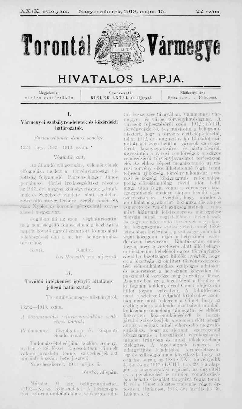 Torontál Vármegye Hivatalos Lapja, 29. évf. 1913. május 15. 22. sz.