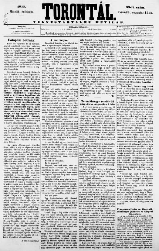 Torontál, 2. évf. 1873. augusztus 14. 33. sz.