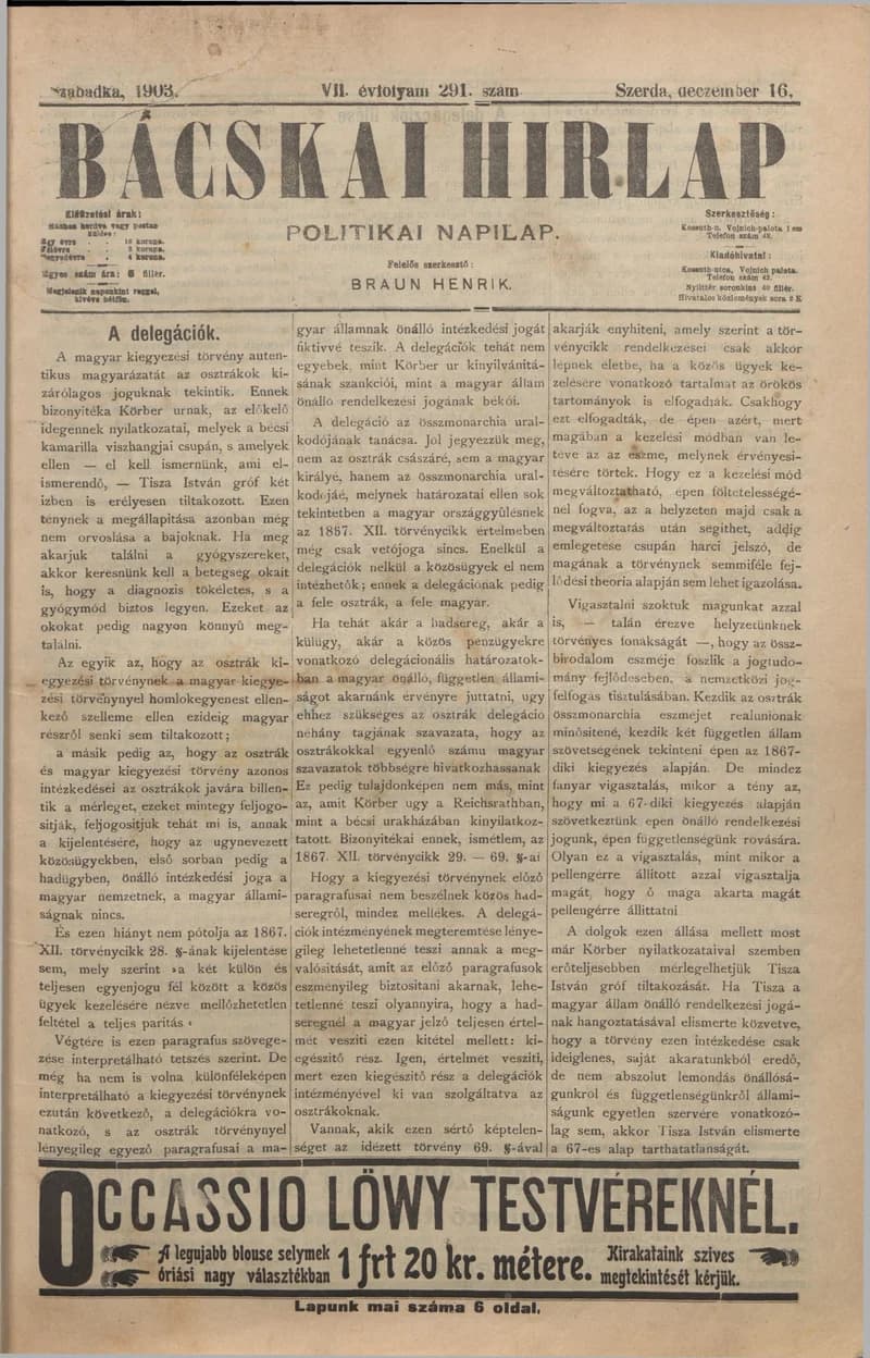 Bácskai Hirlap, 7. évf. 1903. december 16. 291. sz.