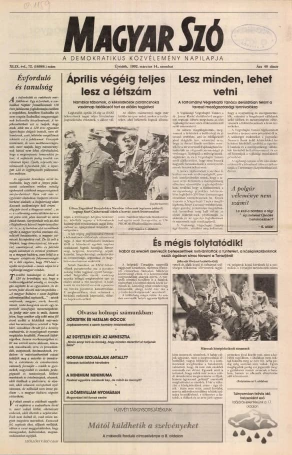 Magyar Szó, 49. évf. 1992. március 14. 72. sz. 1–20. oldal