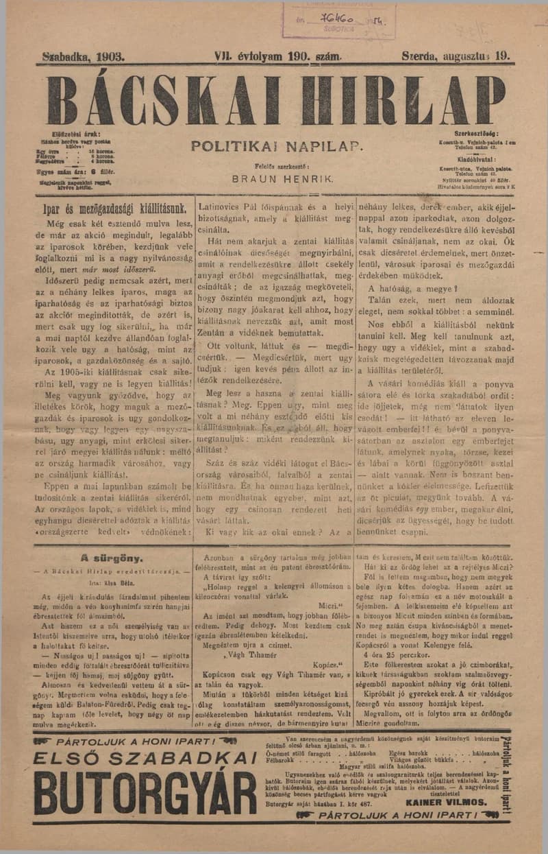 Bácskai Hirlap, 7. évf. 1903. augusztus 19. 190. sz.