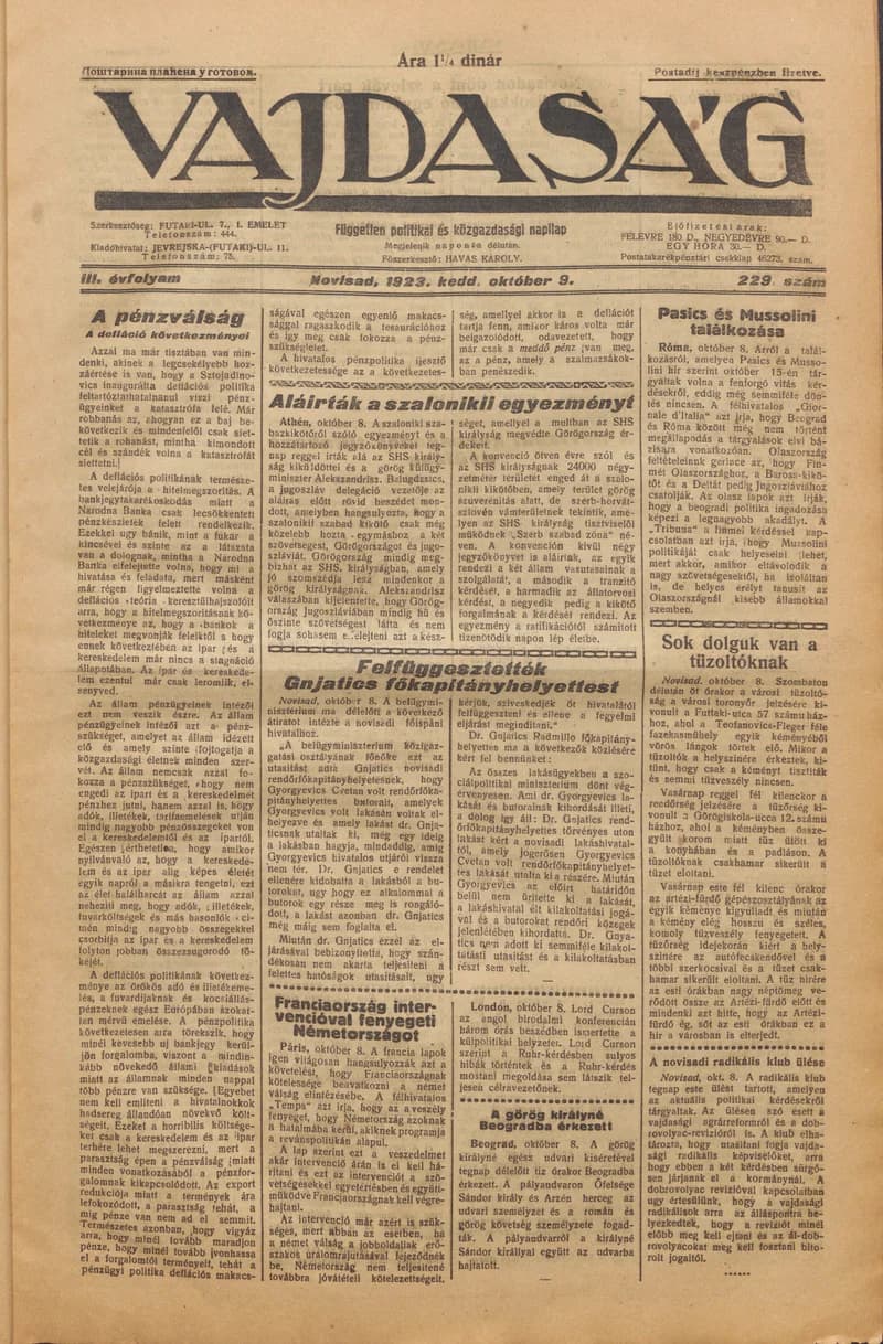 Vajdaság, 3. évf. 1923. október 9. 229. sz.