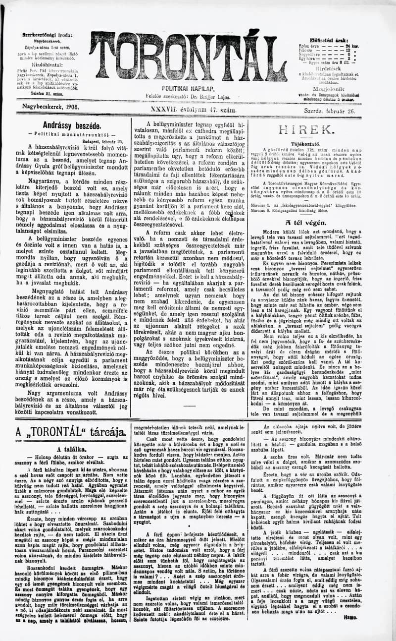 Torontál, 37. évf. 1908. február 26. 47. sz.