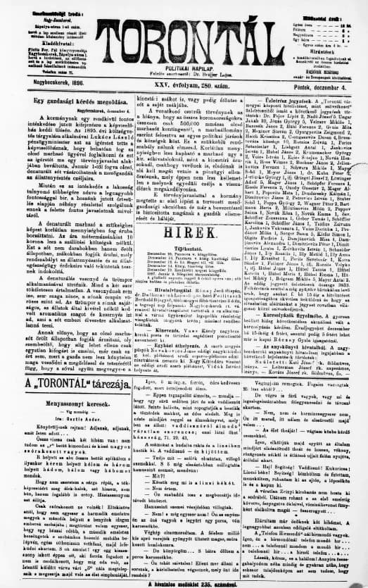 Torontál, 25. évf. 1896. december 4. 280. sz.