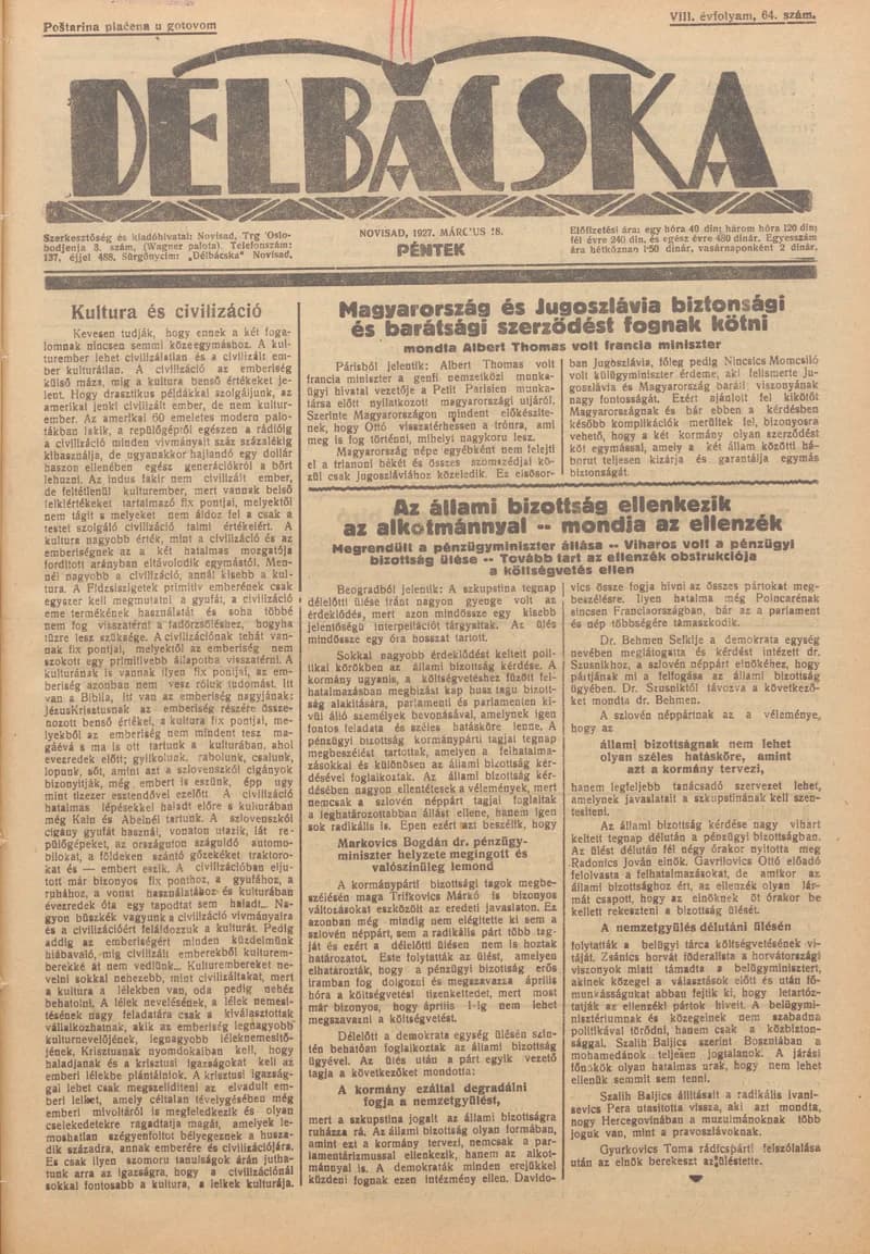 Délbácska, 8. évf. 1927. március 18. 64. sz.