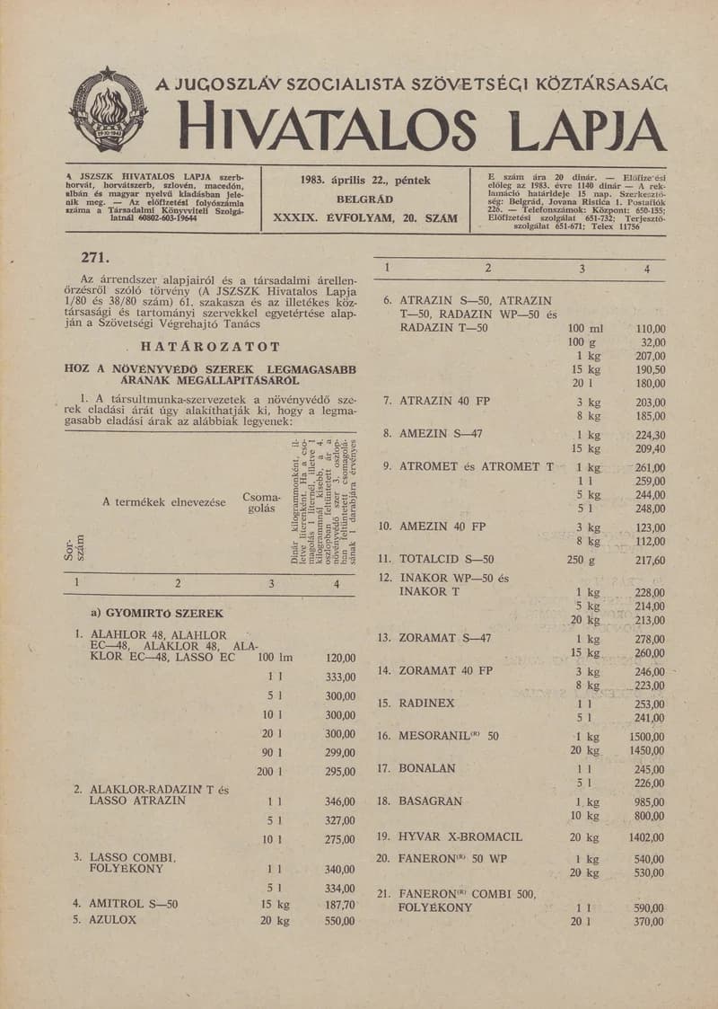 A Jugoszláv Szocialista Szövetségi Köztársaság Hivatalos Lapja, 39. évf. 1983. április 22. 20. sz. 437–468. oldal