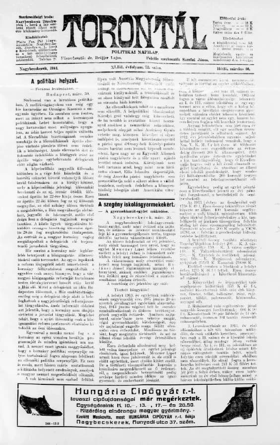 Torontál, 43. évf. 1914. március 30. 72. sz.