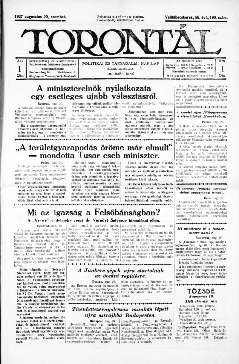 Torontál, 56. évf. 1927. augusztus 20. 190. sz.