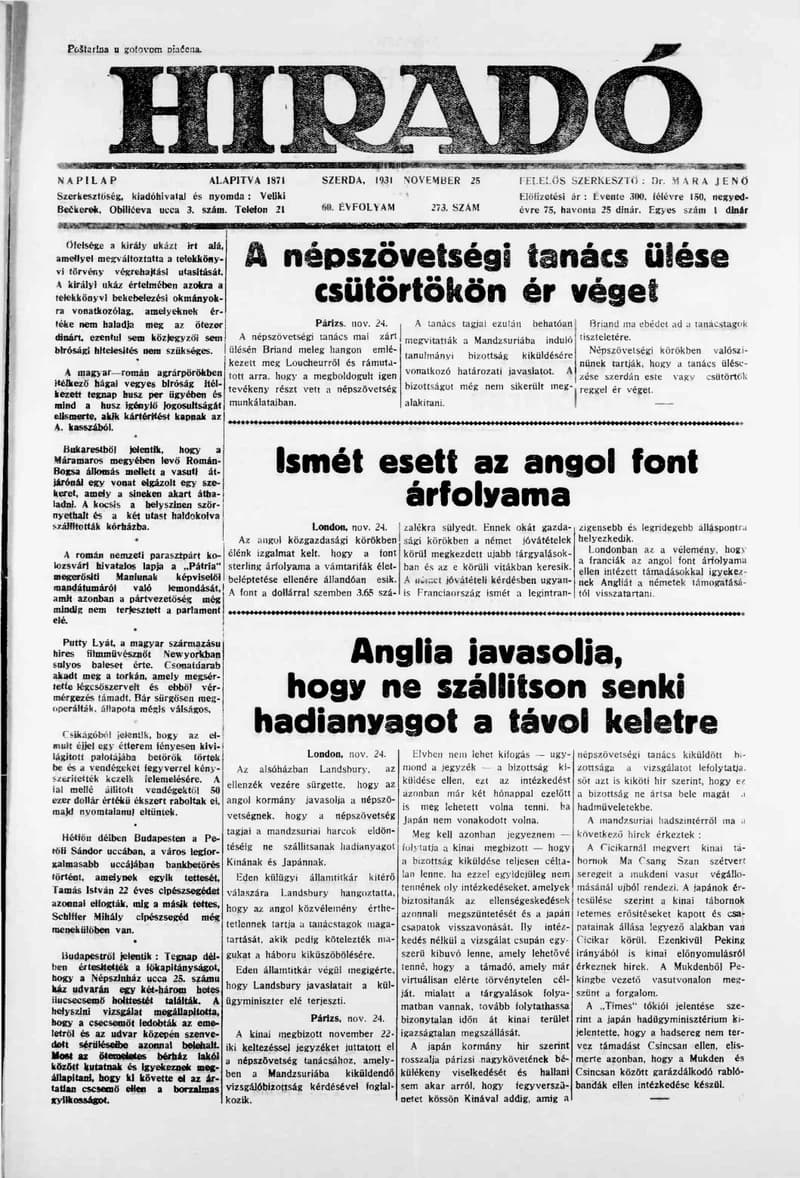 Híradó, 60. évf. 1931. november 25. 273. sz.