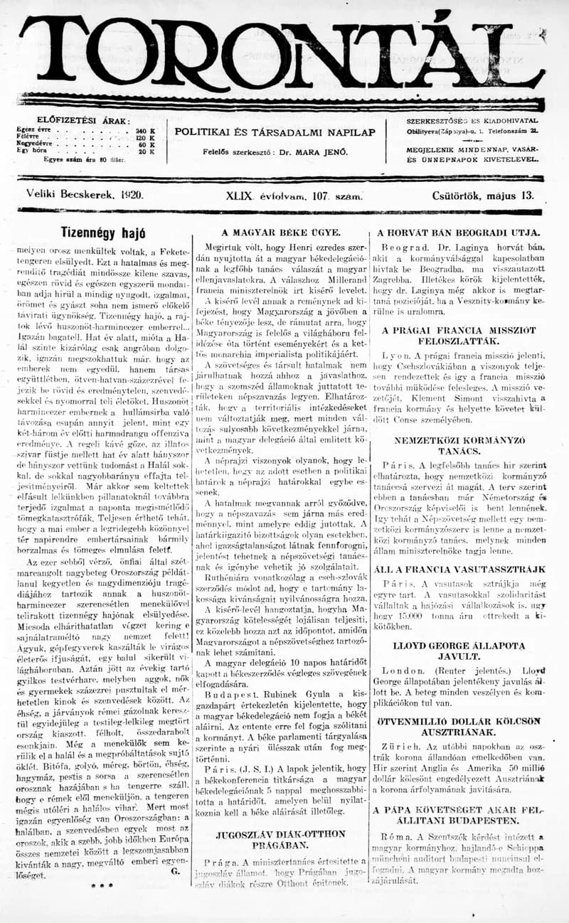 Torontál, 49. évf. 1920. május 13. 107. sz.