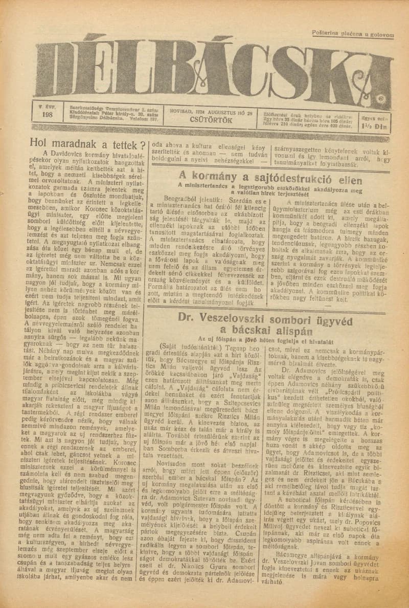 Délbácska, 5. évf. 1924. augusztus 28. 198. sz.