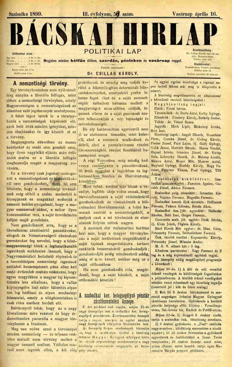 Bácskai Hirlap, 3. évf. 1899. április 16. 59. sz.