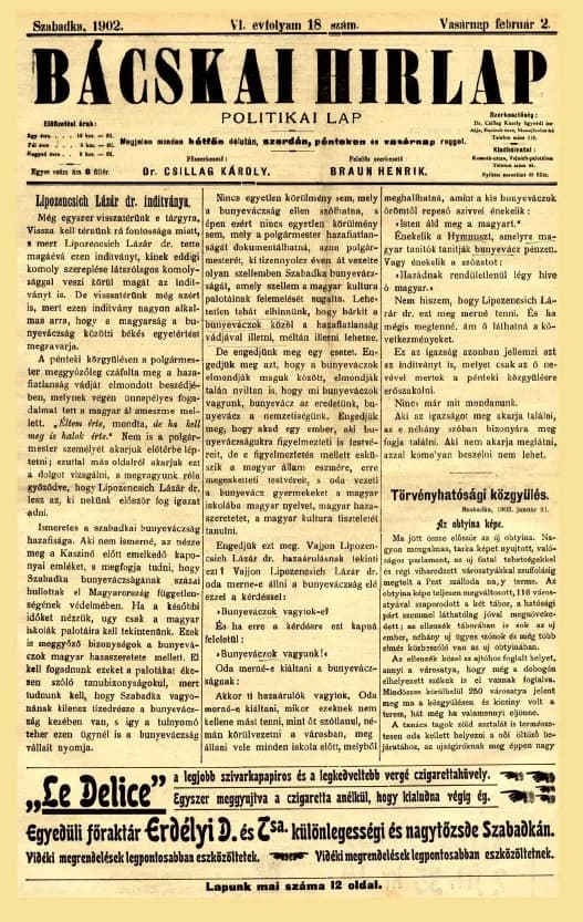 Bácskai Hirlap, 6. évf. 1902. február 2. 18. sz.