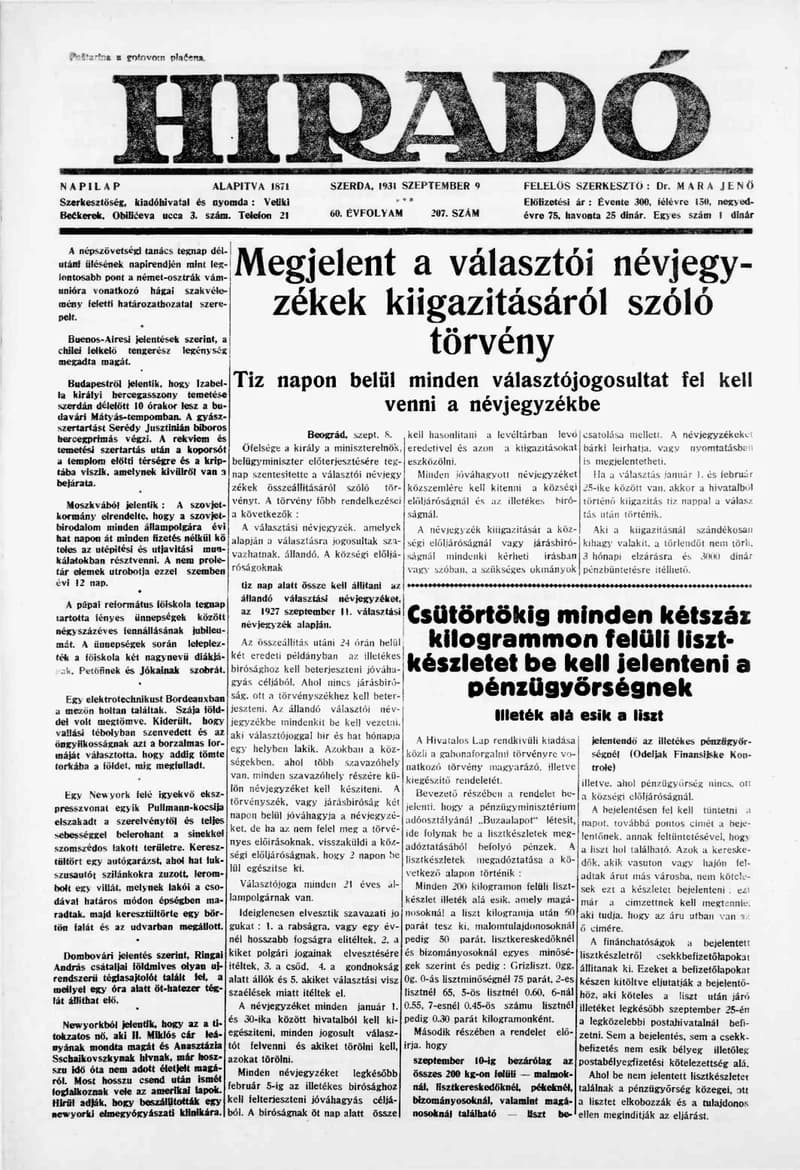 Híradó, 60. évf. 1931. szeptember 9. 207. sz.