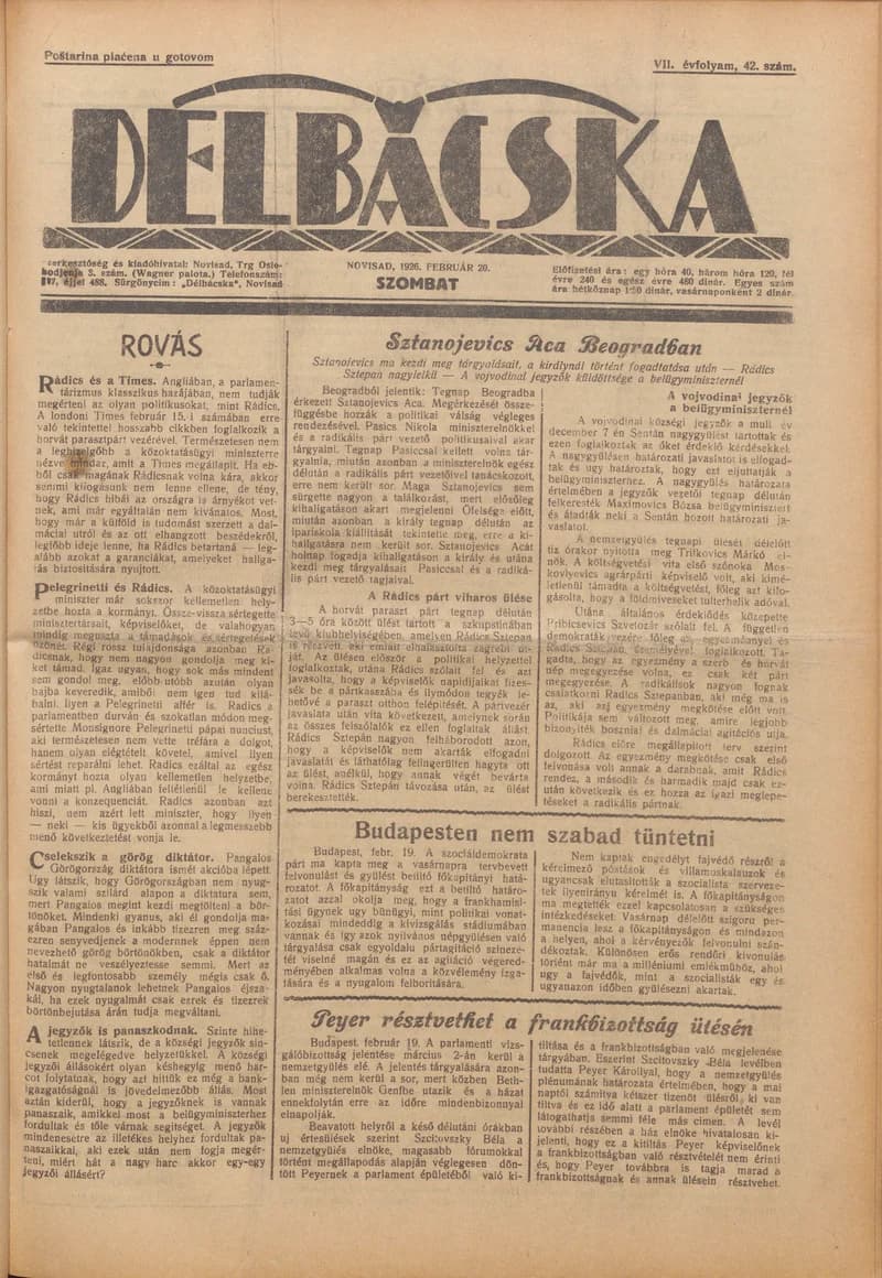 Délbácska, 7. évf. 1926. február 20. 42. sz.