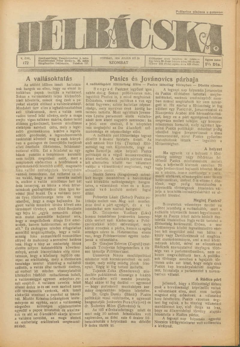 Délbácska, 5. évf. 1924. július 26. 172. sz.