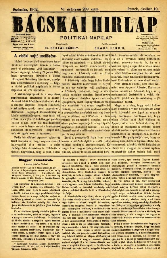 Bácskai Hirlap, 6. évf. 1902. október 10. 209. sz.