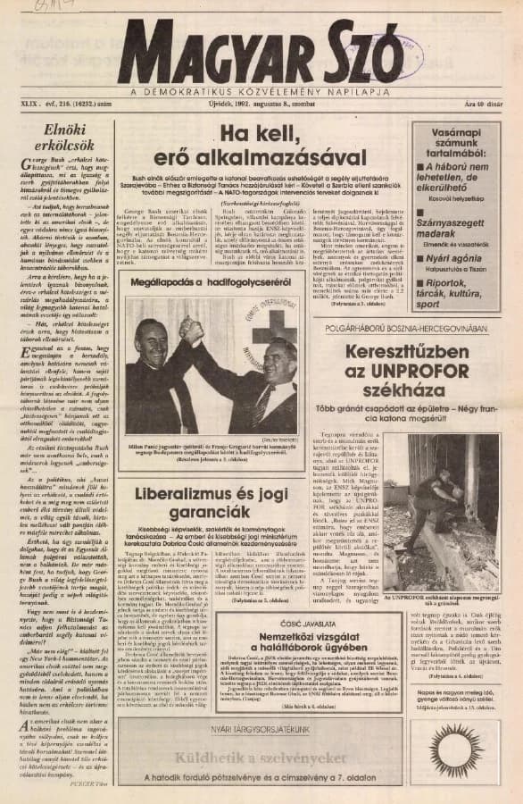 Magyar Szó, 49. évf. 1992. augusztus 8. 216. sz. 1–16. oldal