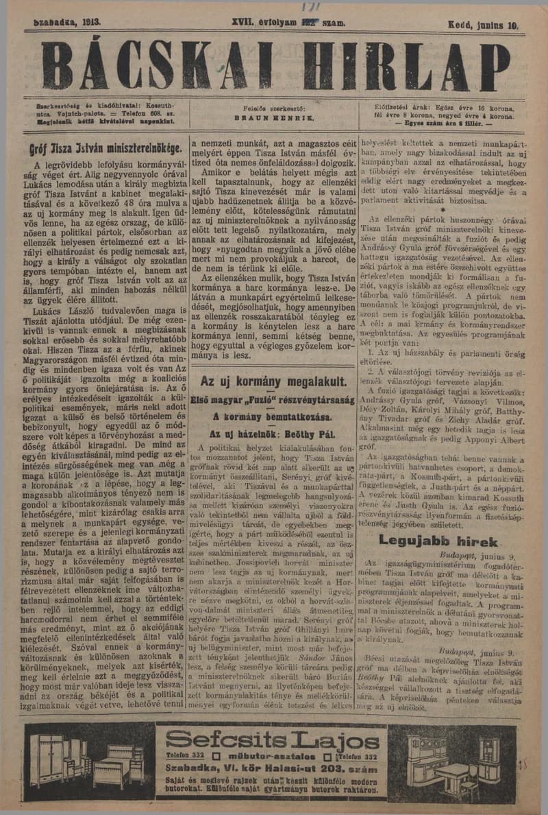 Bácskai Hirlap, 17. évf. 1913. június 10. 131. sz.