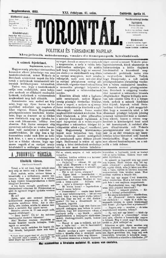 Torontál, 21. évf. 1892. április 14. 67. sz.