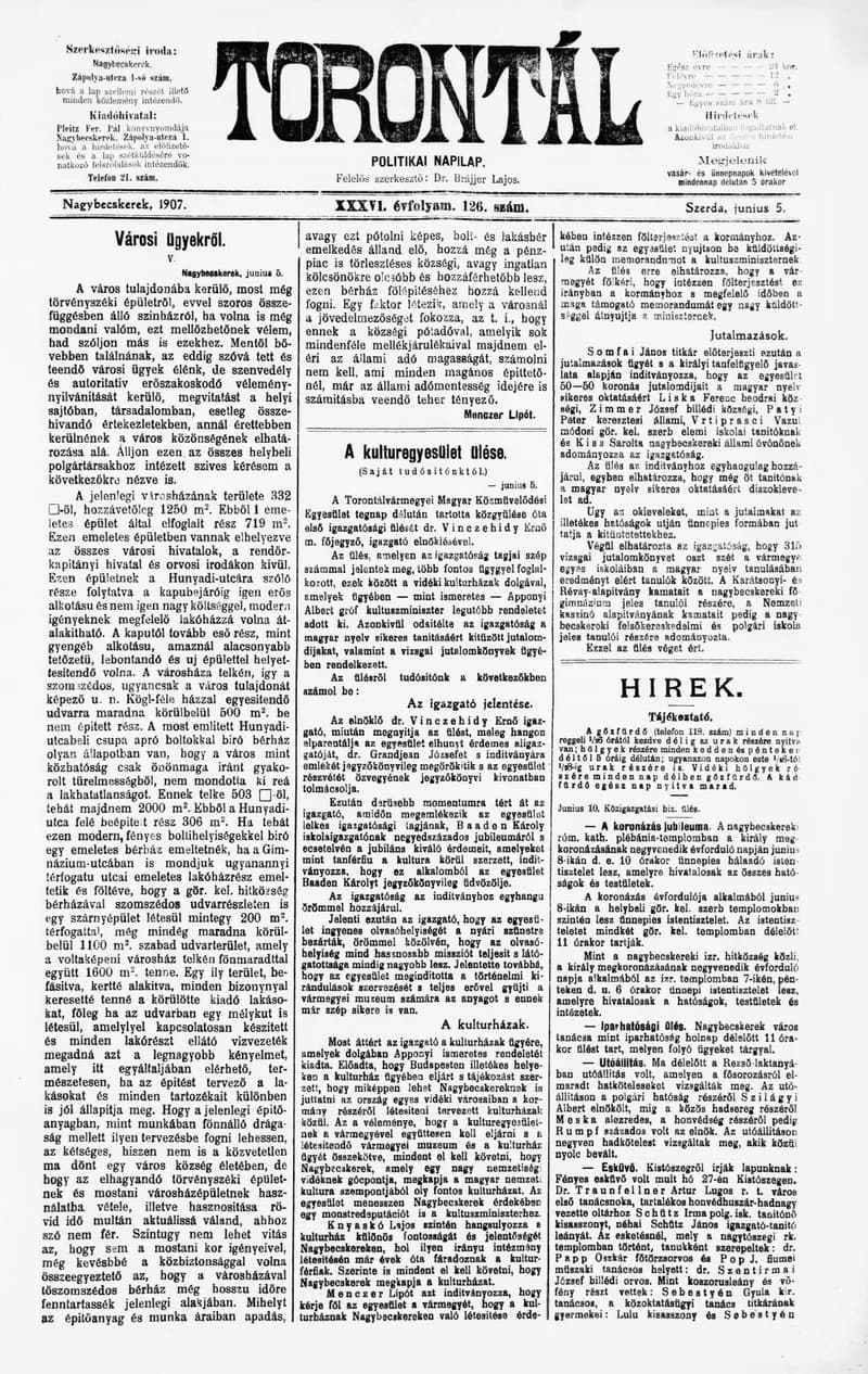 Torontál, 36. évf. 1907. június 5. 126. sz.