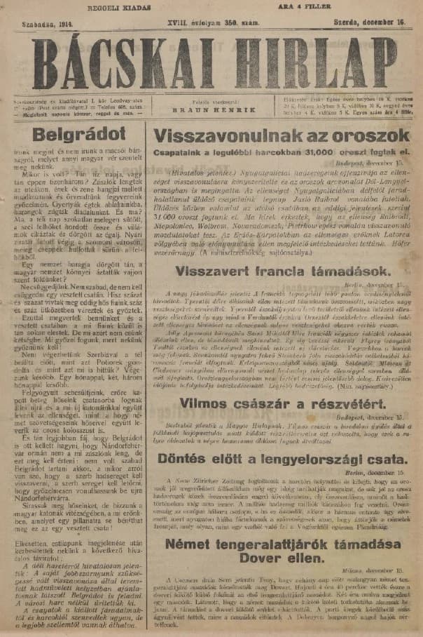 Bácskai Hirlap, 18. évf. 1914. december 16. 350. sz.