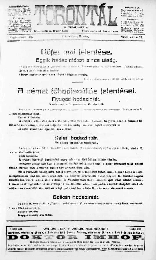 Torontál, 45. évf. 1916. március 24. 69. sz.