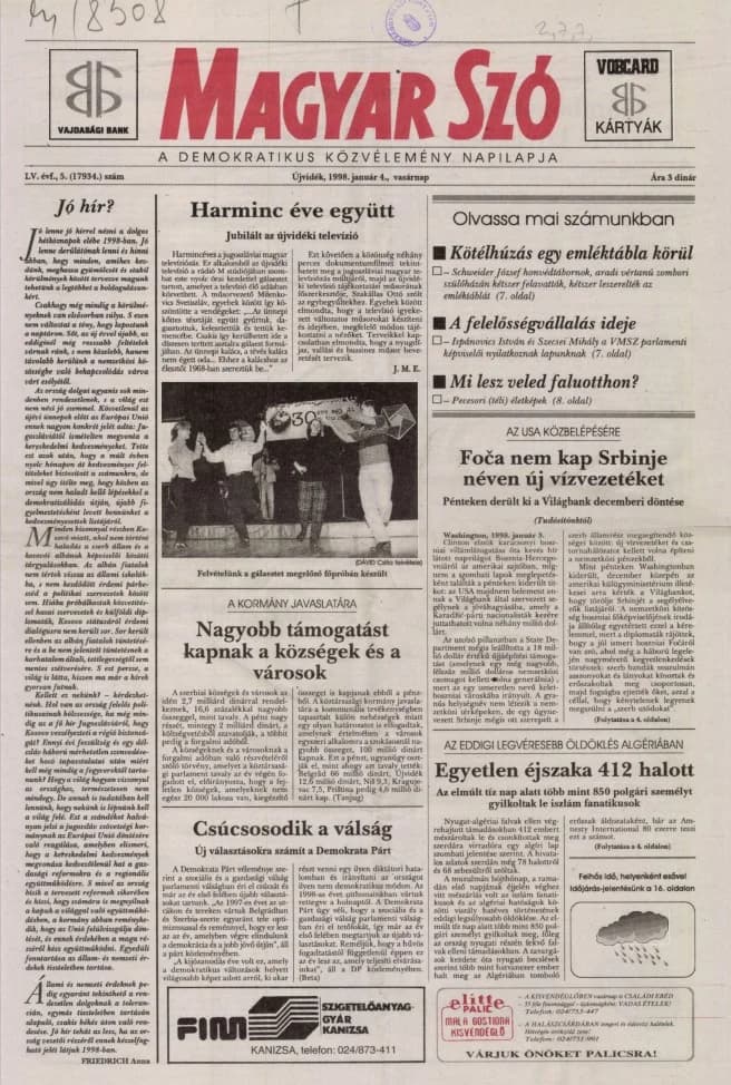 Magyar Szó, 55. évf. 1998. január 4. 5. sz. 1–24. oldal