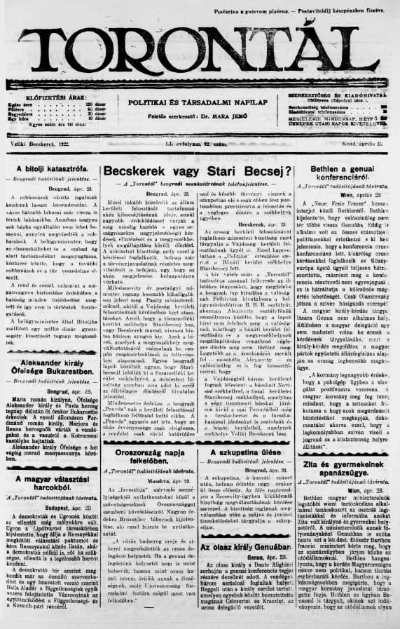 Torontál, 51. évf. 1922. április 25. 92. sz.