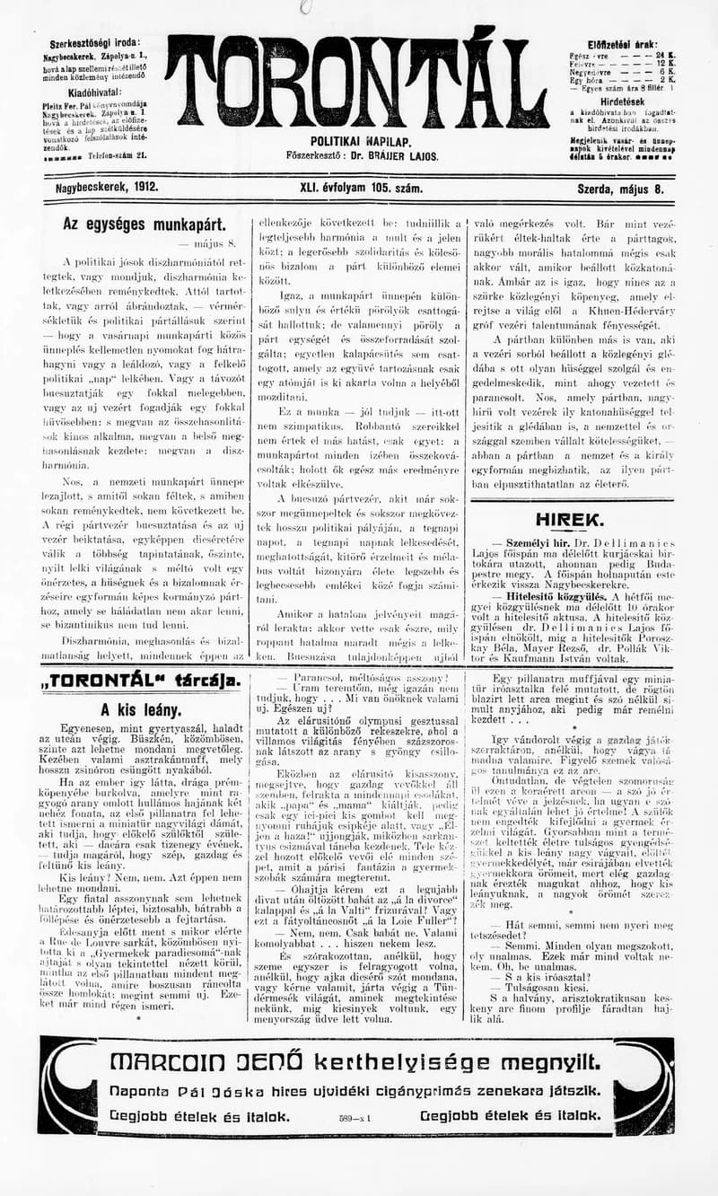 Torontál, 41. évf. 1912. május 8. 105. sz.