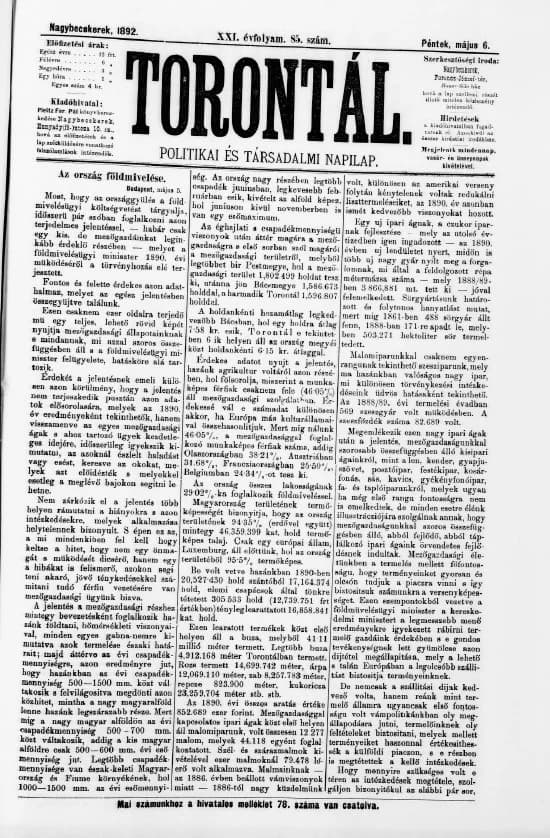 Torontál, 21. évf. 1892. május 6. 85. sz.
