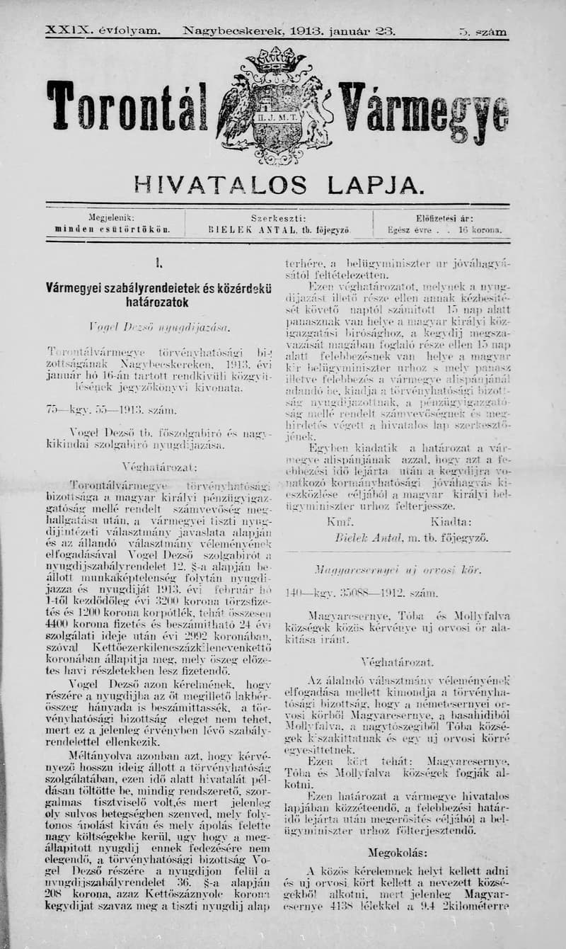 Torontál Vármegye Hivatalos Lapja, 29. évf. 1913. január 23. 5. sz.