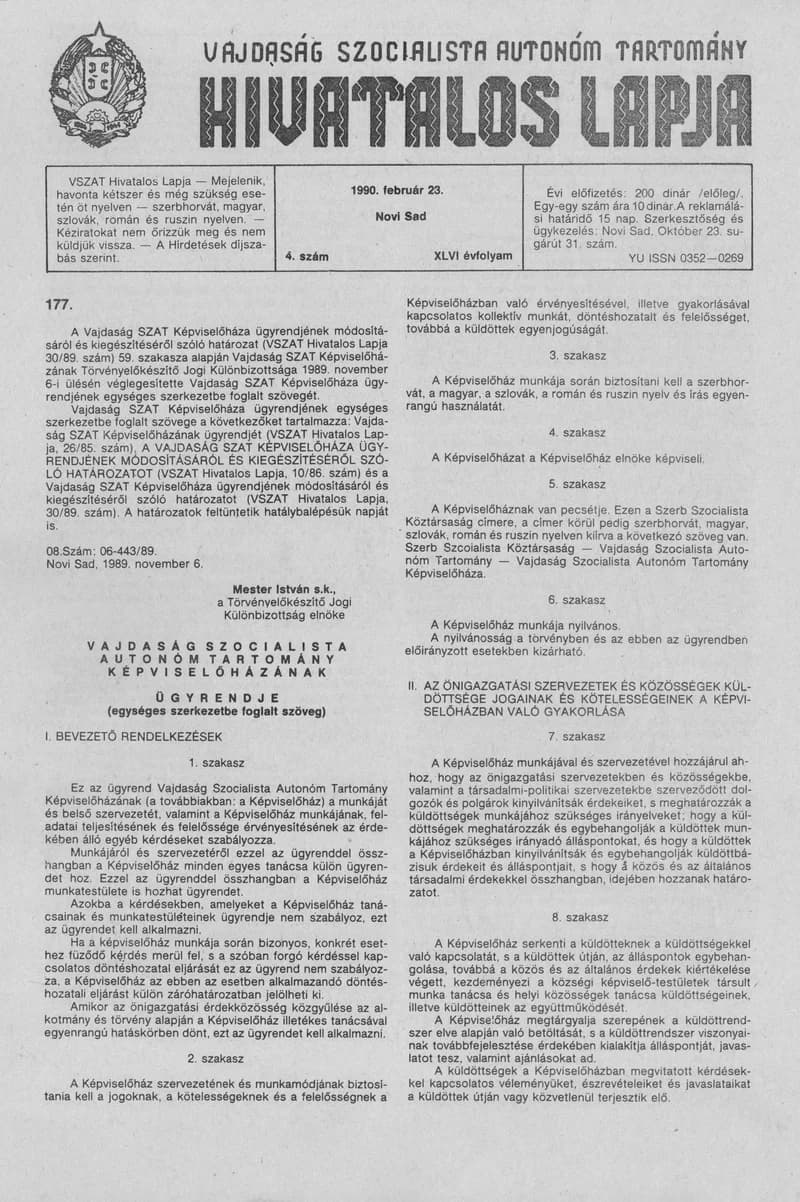 Vajdaság Szocialista Autonóm Tartomány Hivatalos Lapja, 46. évf. 1990. február 23. 4. sz.