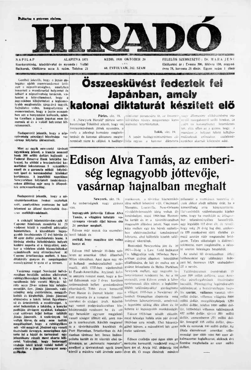 Híradó, 60. évf. 1931. október 20. 242. sz.