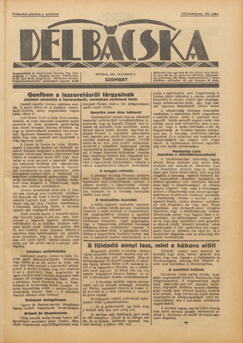 Délbácska, 8. évf. 1927. december 3. 280. sz.
